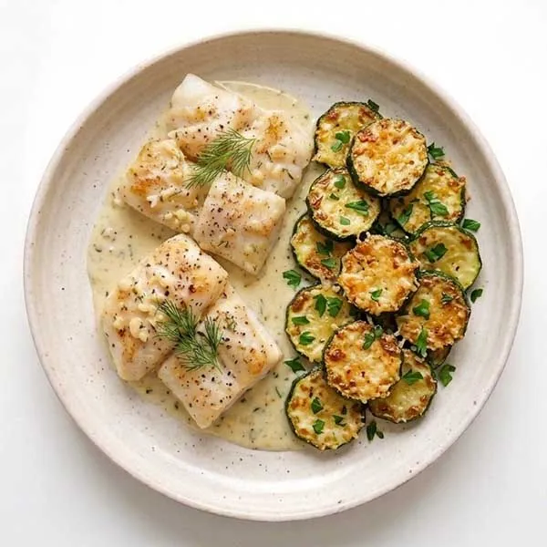 Creamy Garlic Fish Medley & Sautéed Zucchini Parmesan Coins